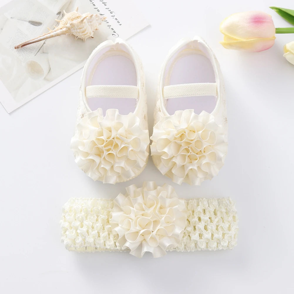 Newborn Baby Shoes Baptism Yellow Headband Baby Girl Lace Shoes Set Toddler Prewalker Cute Baby Soft Shoes for 0-12M Kids