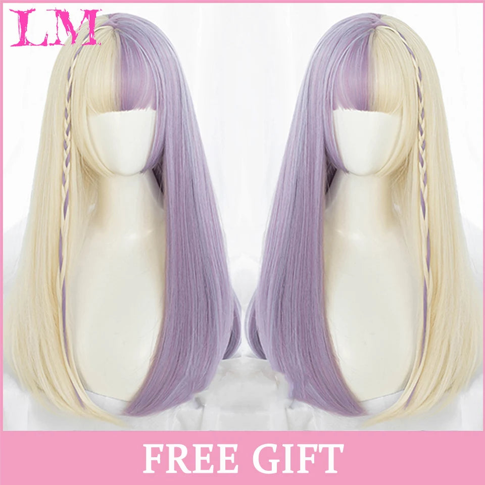 Pink Short Bob Straight Synthetic Wig with Bangs for Cosplay Lolita Fake Hair for White Women Party Natural Wig High Temperature