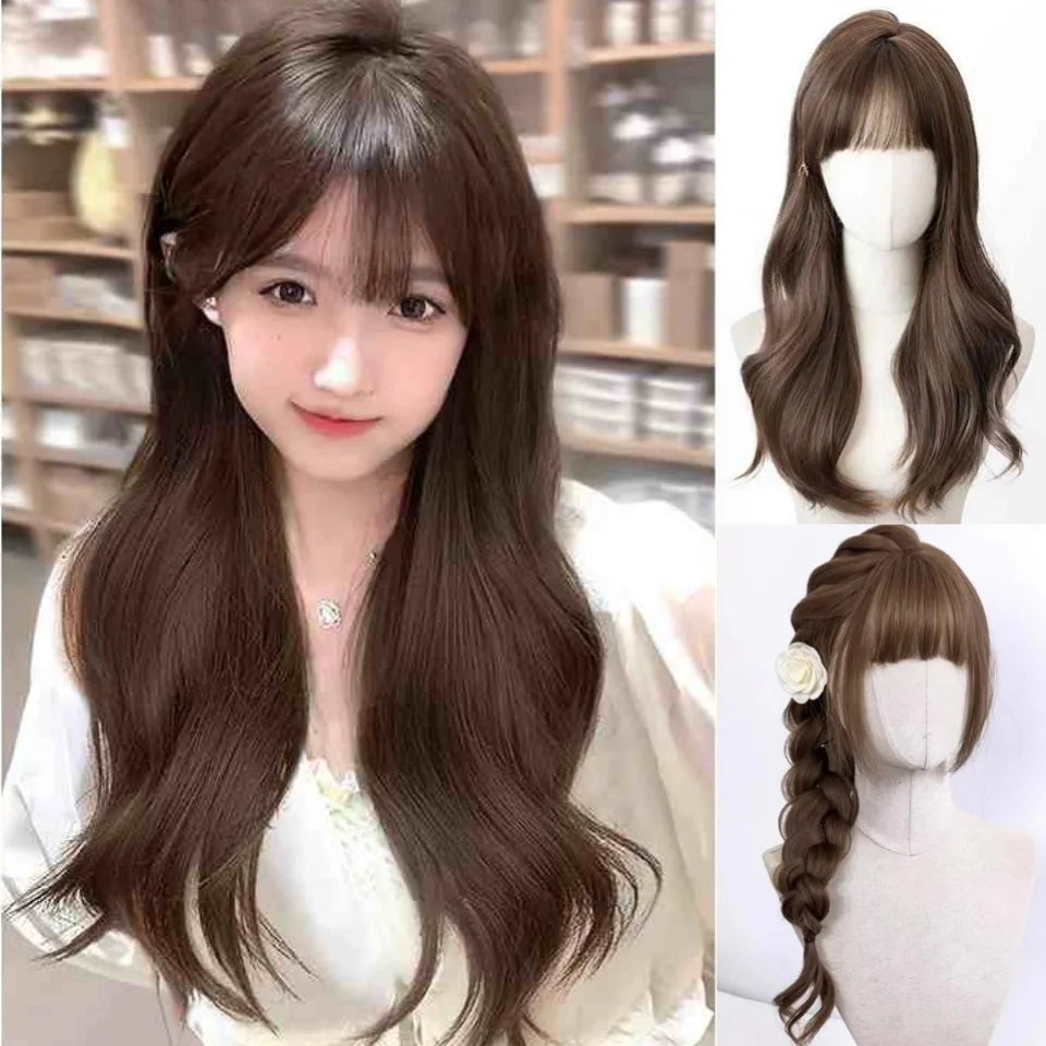 LM Long Body Wave Black And Gray Ombre Cosplay Wigs Heat Resistant Synthetic Wigs Bangs Natural Lolita Wigs For Women Halloween