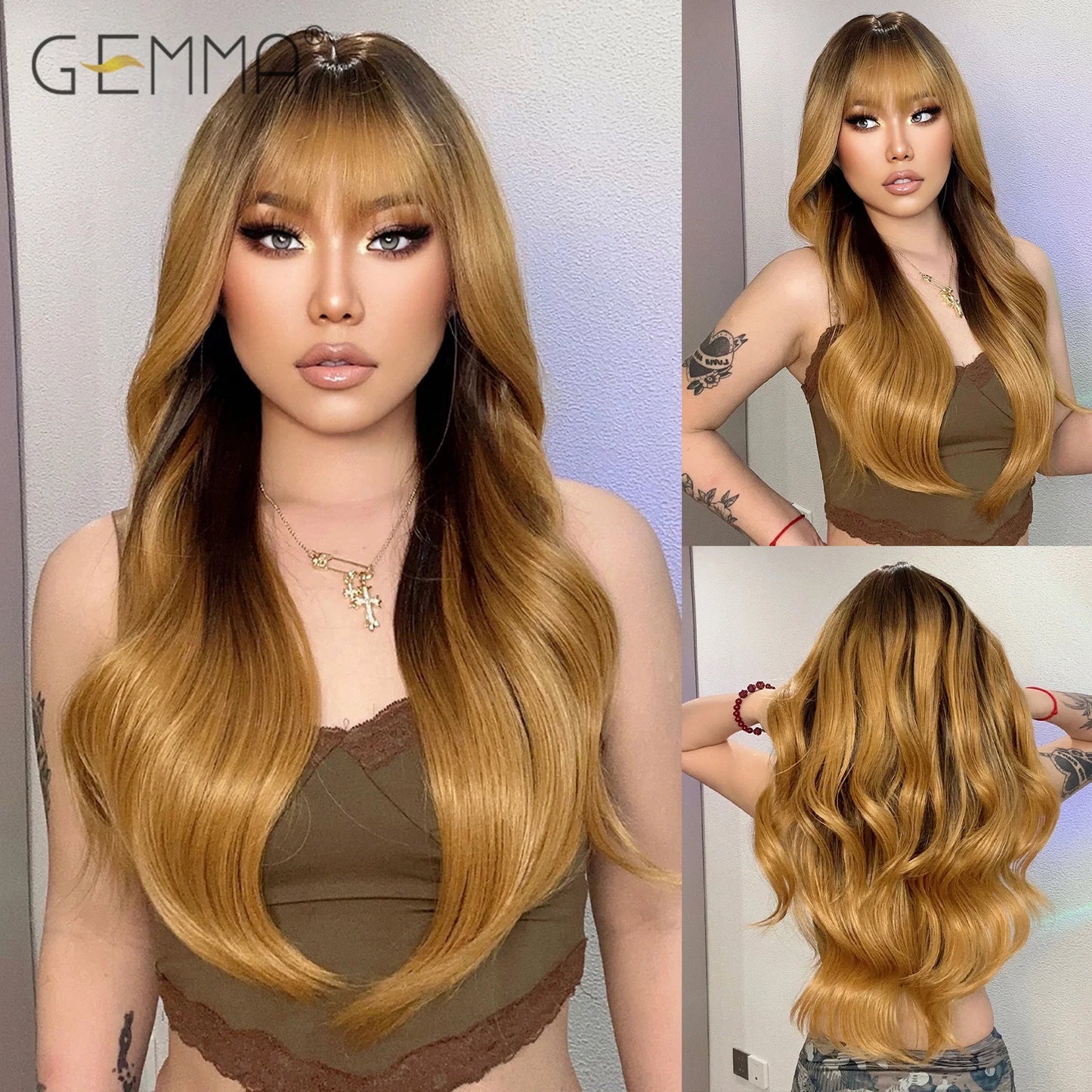 Long Wavy Light Ash Blonde Synthetic Wigs with Bangs for Women Natural Wave Cosplay Party Daily Use Hair Wigs Heat Resistant