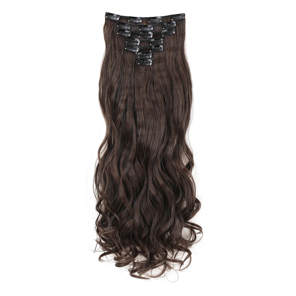 22Inch Long Body Wave Clip in Hair Extension Hairstyle 16 Clips 7Pcs/Set Synthetic Black Brown Hairpieces For Women