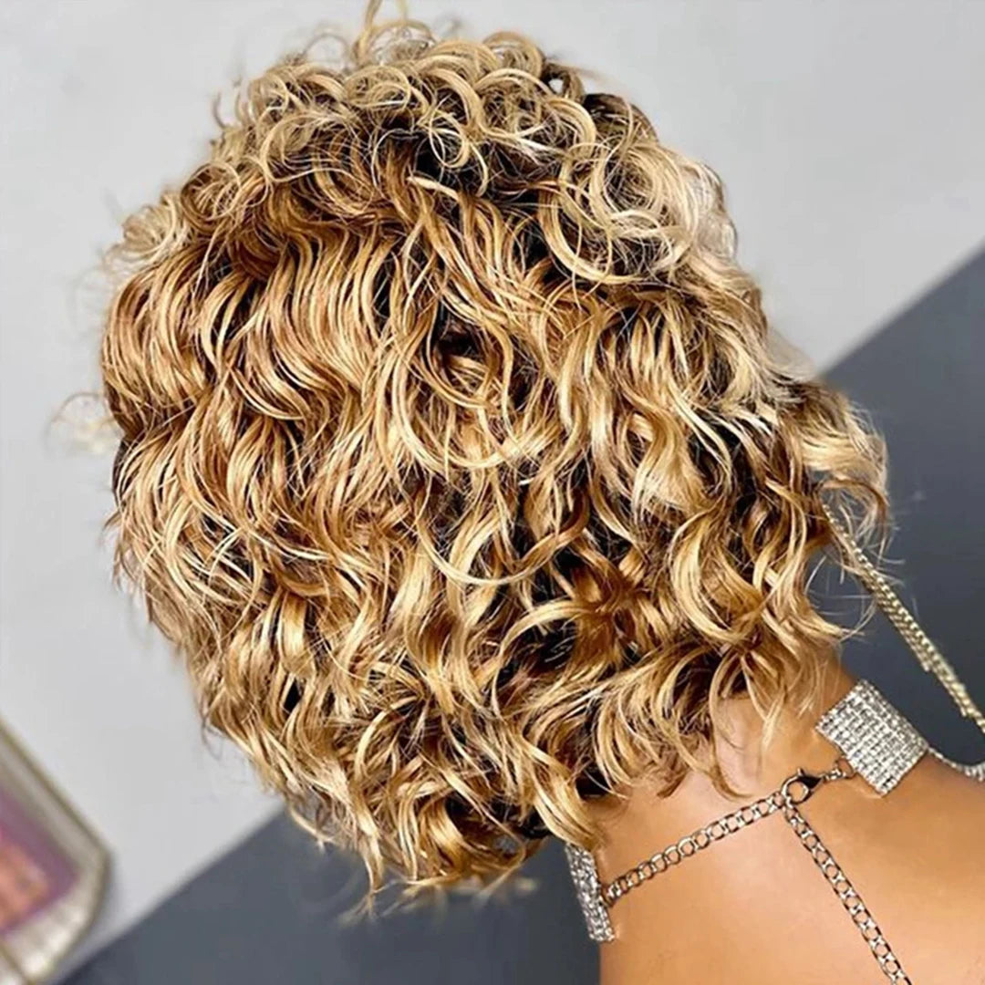 99J Burgundy Highlight Honey Colored Short Curly Pixie Cut Lace Wig Pre plucked Bob Wig 13x2 Lace Front Curly Human Hair Wigs