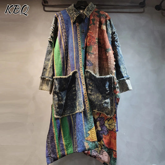 KBQ Floral Printting High Street Denim Jacket For Women Lapel Long Sleeve Spliced Single Breasted Loose Coat Female Fashion New