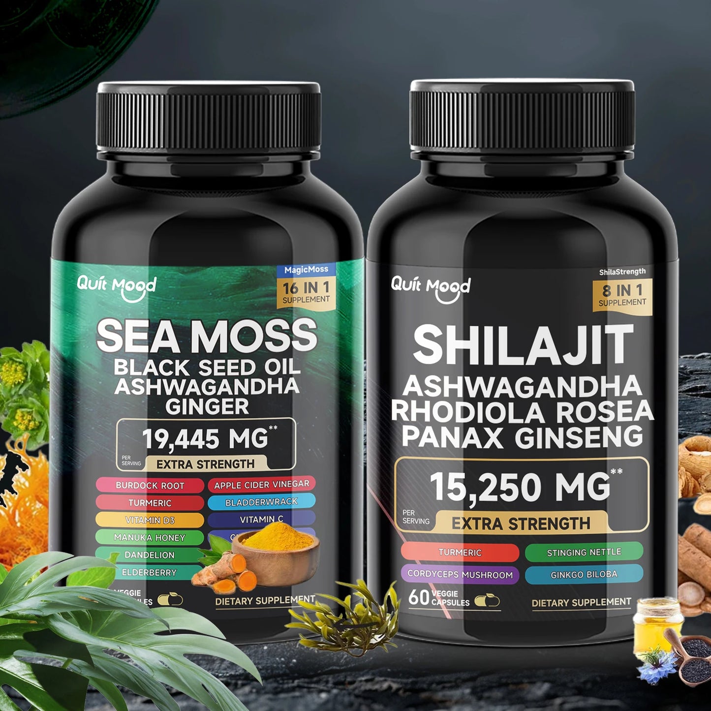 Sea Moss and shilajit Bundle 120 capsules, with Seamoss, Black Seed Oil, Ashwagandha, Ginger, Burdock Root, Turmeric, Black Pepp