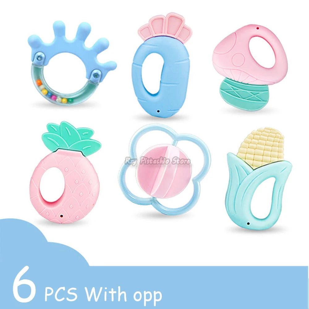 6-14Pcs Baby Rattle 0-12 Months Newborn Soft Bell Teethers Hand Shaking Crib Mobile Ring Educational Toy For Children Set Gifts