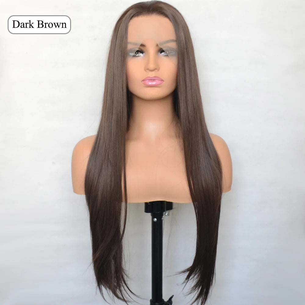 Voguebeauty Dark Brown Lace Front Wig 6# Silky Straight Synthetic Hair Natural Hairline for Women Cosplay Daily Wear