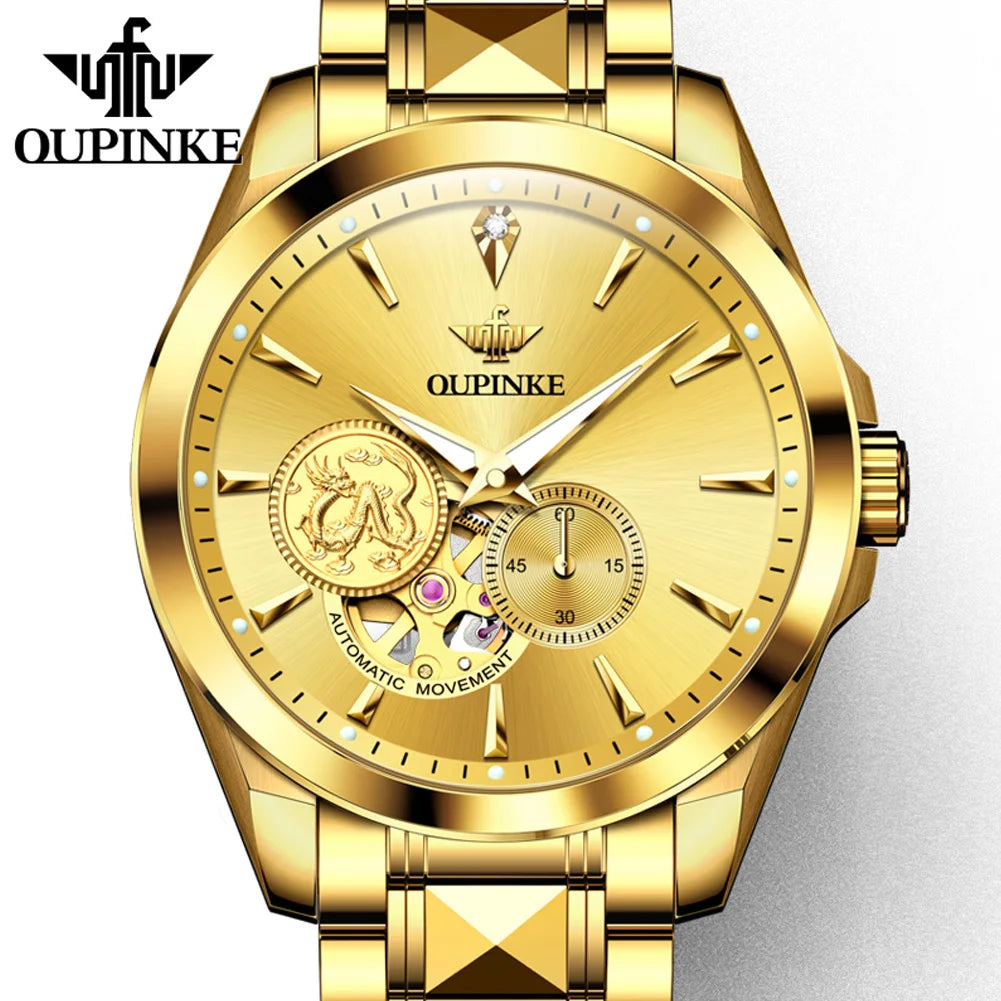 OUPINKE Luxury Top Brand Real Gold Dragon Watch Real Diamond Men's Chronograph Wristwatch Automatic Mechanical Luminous