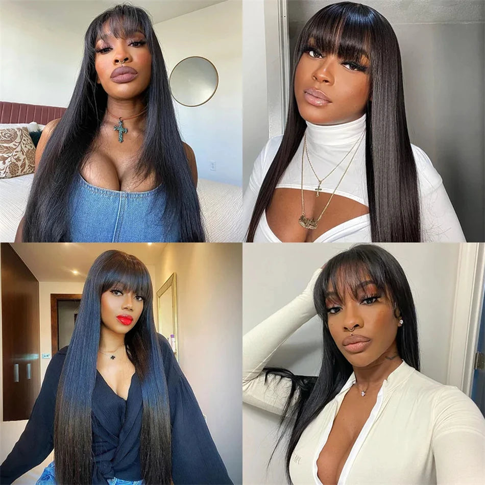 3X1 Middle Part Lace Wig Bone Straight Human Hair Wig With Bangs Brazilian Full Machine Made 100% Human Hair Wigs For Women