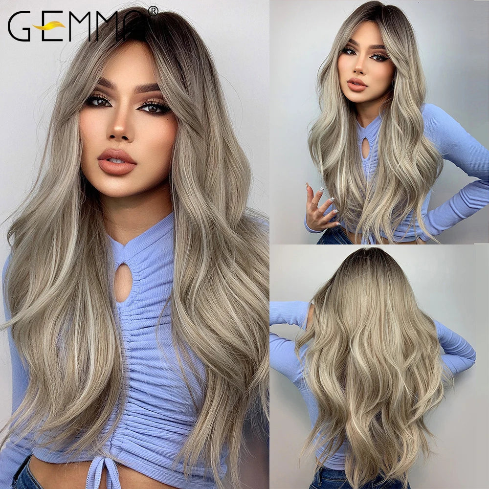 Long Wavy Light Ash Blonde Synthetic Wigs with Bangs for Women Natural Wave Cosplay Party Daily Use Hair Wigs Heat Resistant