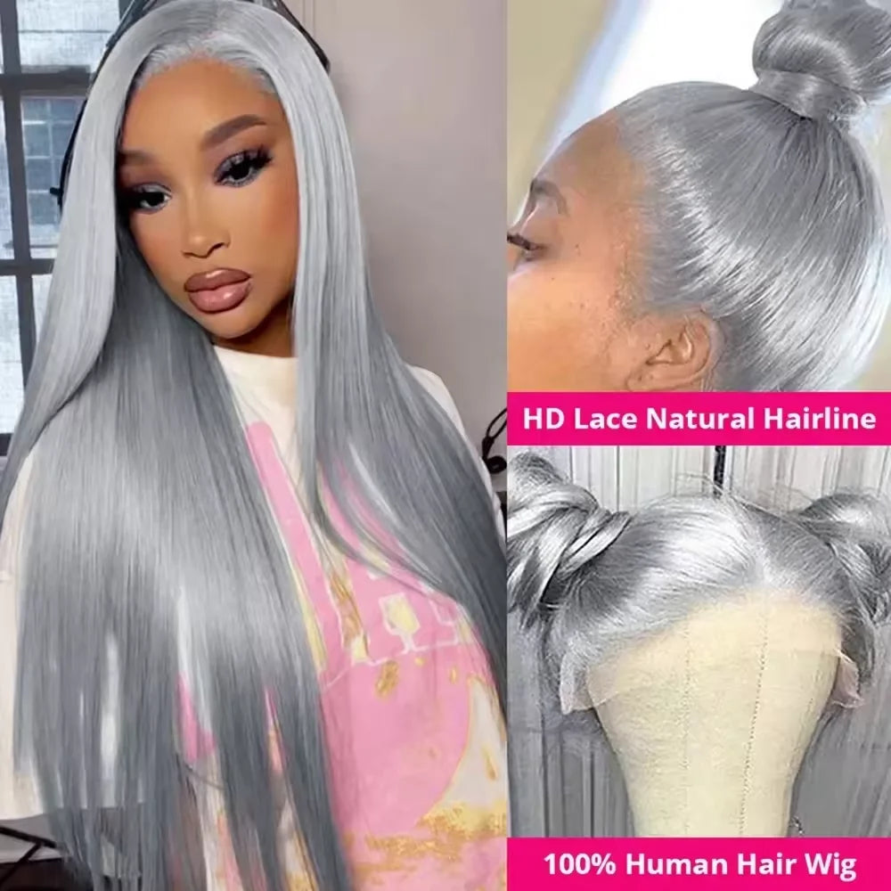 13x4 Straight Lace Frontal Wigs Human Hair Wig Silver Grey Colored Peruvian Straight Lace Front Human Hair Wigs For Women