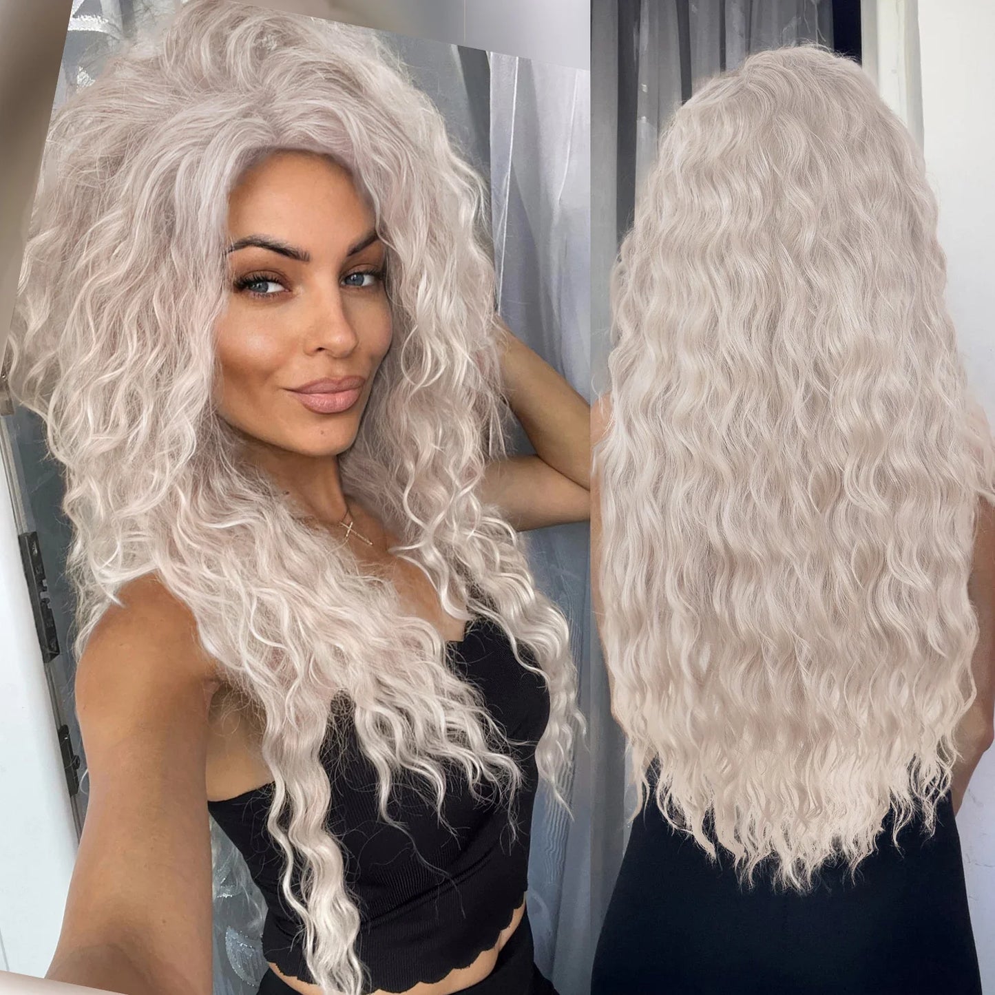 Ash Blonde Curly Wig Synthetic Long Curly Hair Wigs for Women Fluffy Hairstyle Wave Ombre Wig Costume Carnival Party Regular Wig