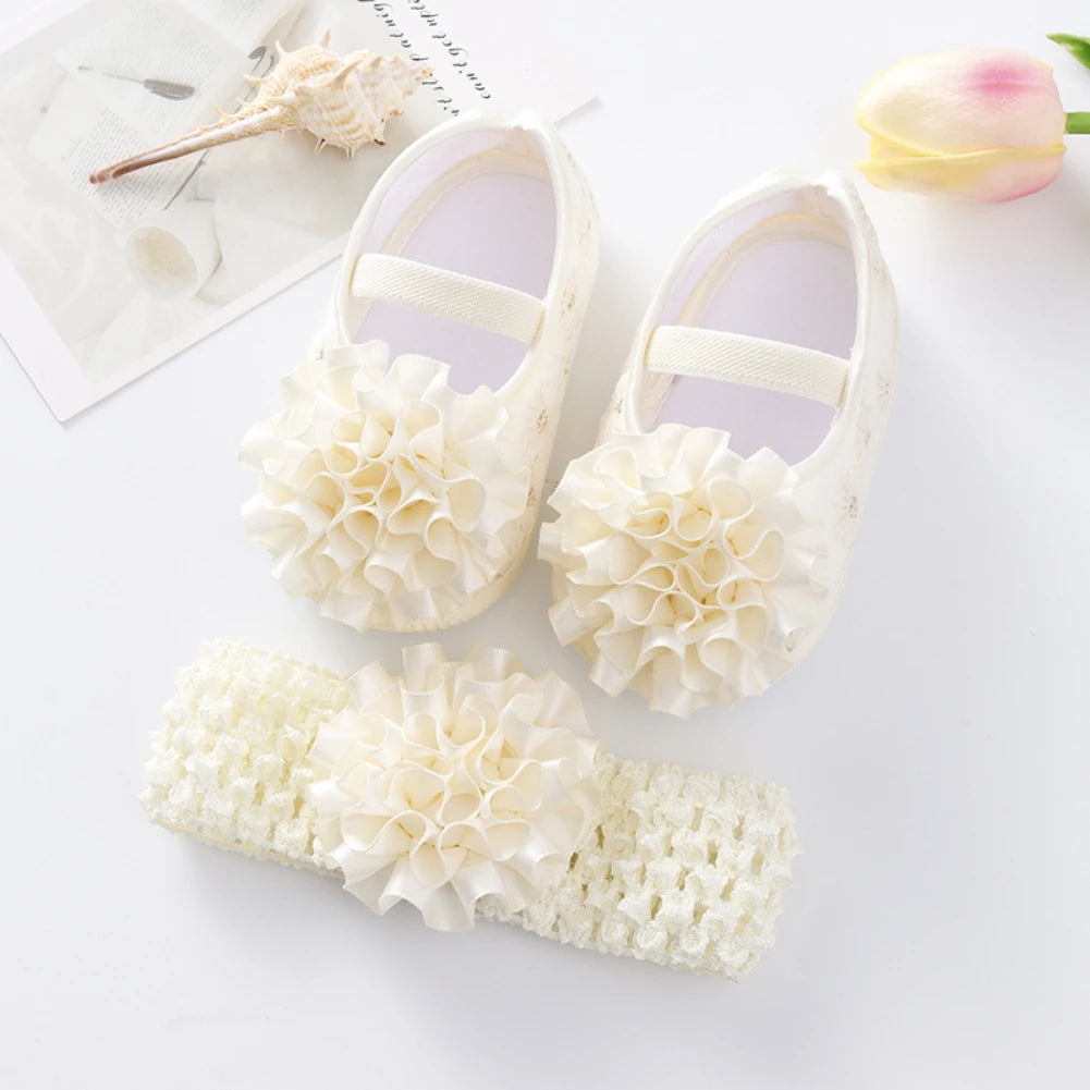 Newborn Baby Shoes Baptism Yellow Headband Baby Girl Lace Shoes Set Toddler Prewalker Cute Baby Soft Shoes for 0-12M Kids