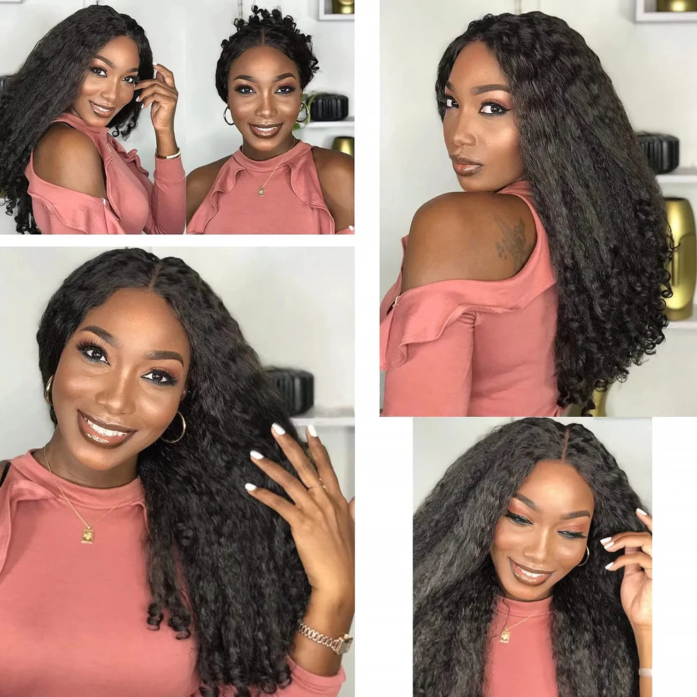 Afro Kinky Straight V Part Wigs with Bouncy Curls Short Synthetic Glueless Wigs for Black Women No Leave Out Clip in Half Wigs