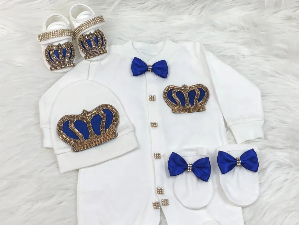 Dollbling Royal Bling Jewelry Crown Gift Clothing Sets Welcome Home Baby Rompers Mittens Bonnet Pajamas Outfit 4pcs Layette