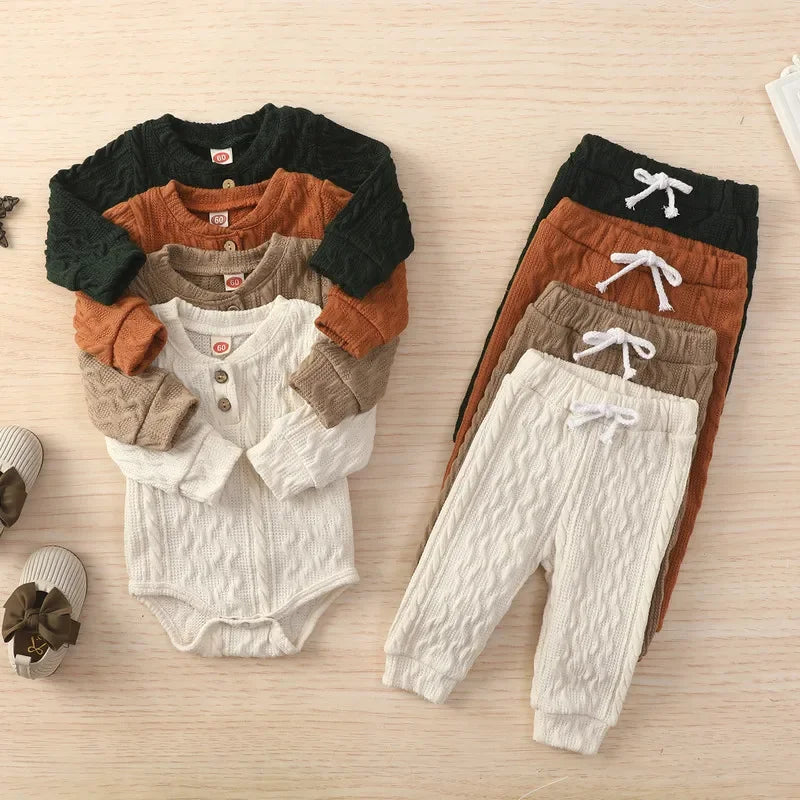 Newborn Baby Girl Boy Bodysuit Pant Sets Autumn Clothes Long Sleeve Button Sweater and Knitting Trousers Baby Items Clothing