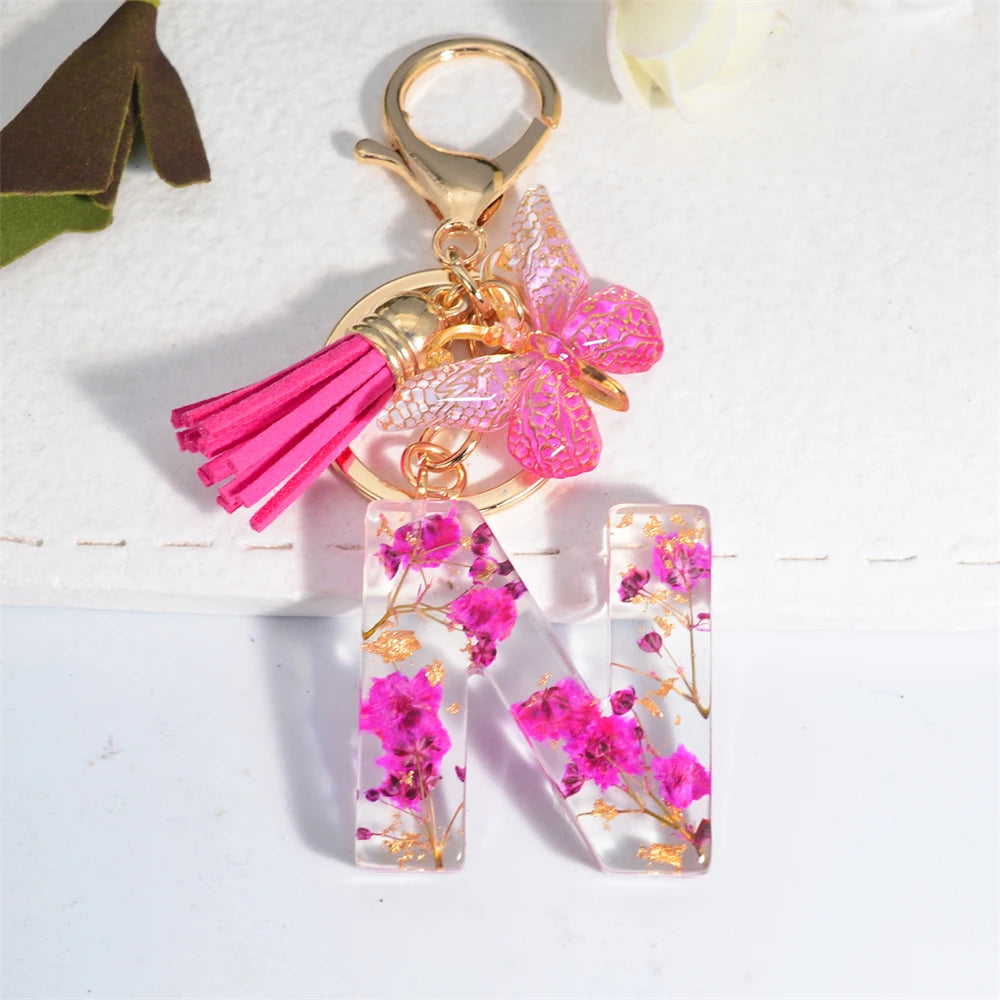 Exquisite Pink Dry Flower Resin 26 Initial Keychain Butterfly Tassel Pendant A to Z Keyring for Women Valentine's Day Gift