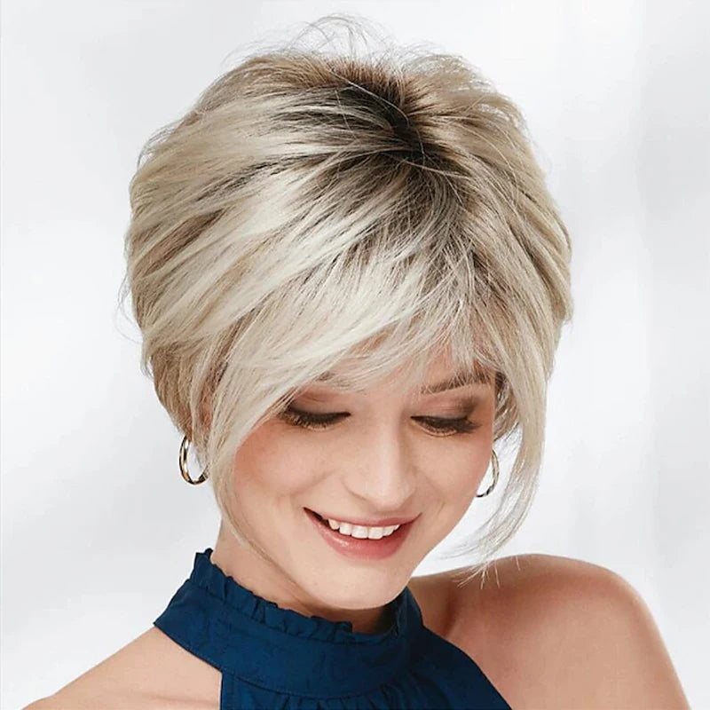 HAIRJOY Synthetic Hair Wig Blonde Short  Straight Wig With Bangs for White Women