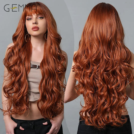 GEMMA Copper Ginger Long Wavy Wig Synthetic Red Brown Wigs with Bangs for Women Natural Hair Cosplay Daily Wig Heat Resistant