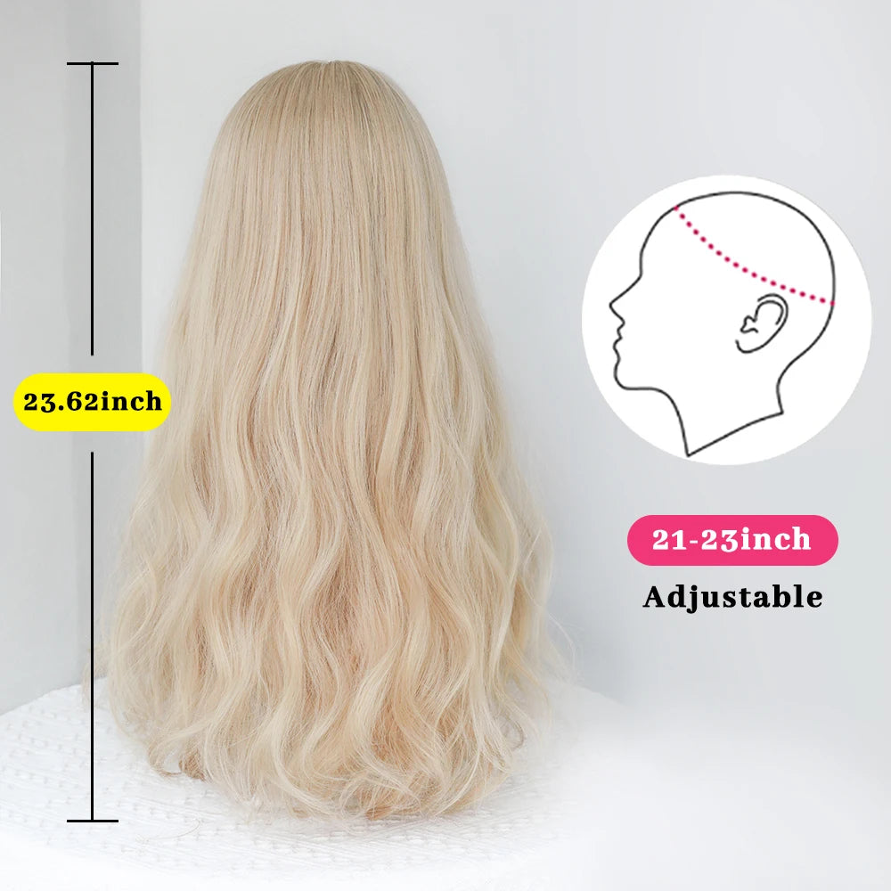 Dense Long Wave Wig Women Wig with Bangs Blonde Cospaly Lolita Daily Party Synthetic Wigs Heat Resistant Fiber Natural Fake Hair