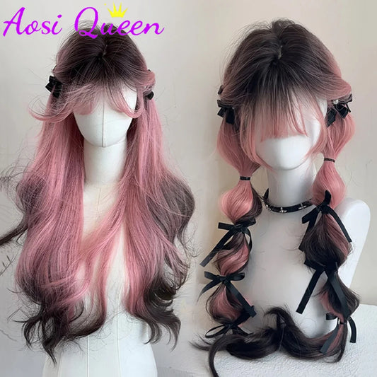 AosiQueen Black Pink Ombre Synthetic Wigs For Cosplay Long Wavy Layered Wigs With Bangs For Women Heat Resistant Fake Hair