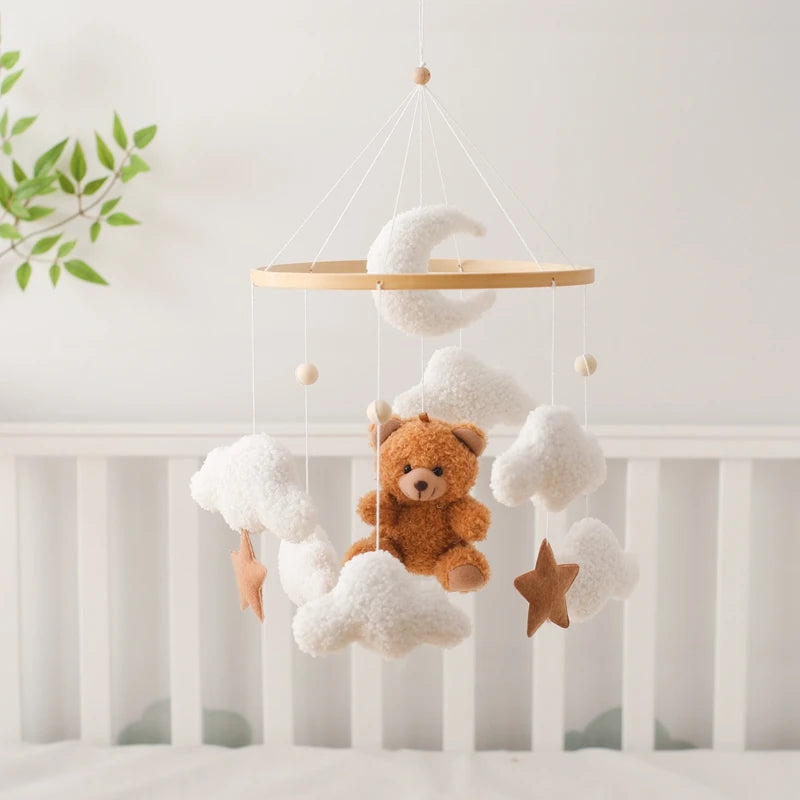 Wooden Crib Mobile Baby Bed Bell Rattle Toy Soft Felt Cartoon Bear Mobile Hanging Newborn Music Box Bed Bell Hanging Bracket Toy