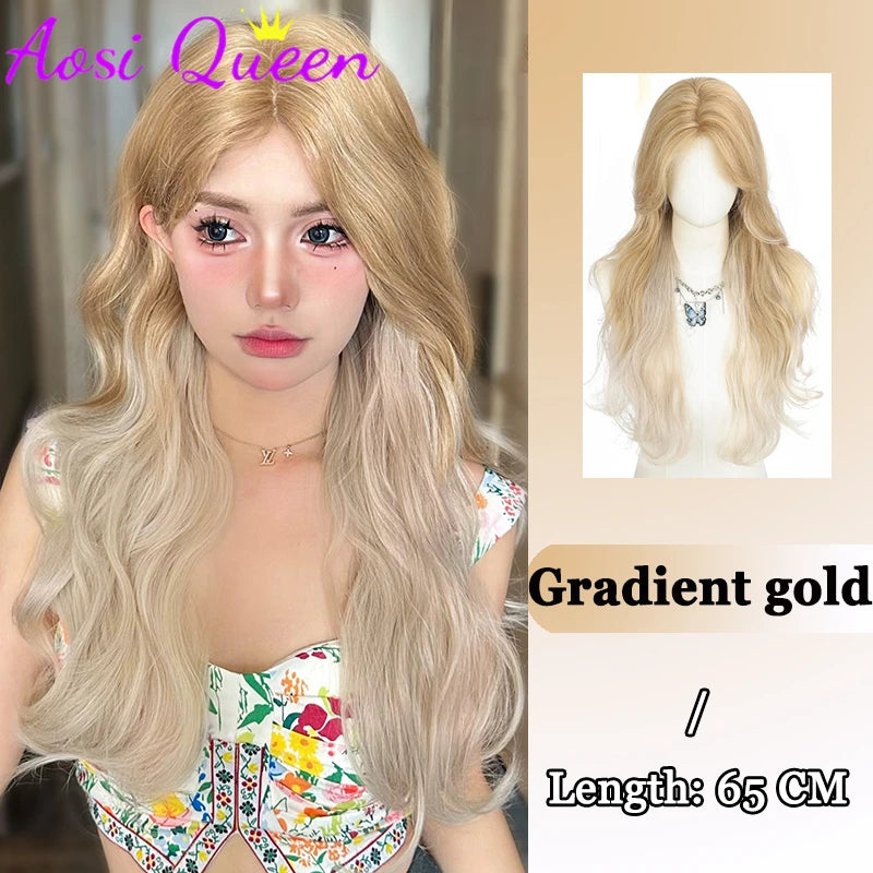 AosiQueen Brown Blonde Long Wavy Synthetic Wigs Middle Part Natural Wig Heat Resistant Cosplay Party Daily Hair Wig for Women