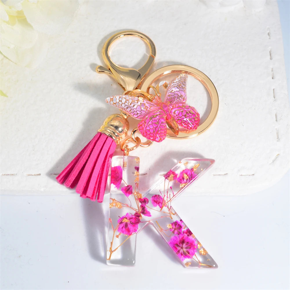 Exquisite Pink Dry Flower Resin 26 Initial Keychain Butterfly Tassel Pendant A to Z Keyring for Women Valentine's Day Gift