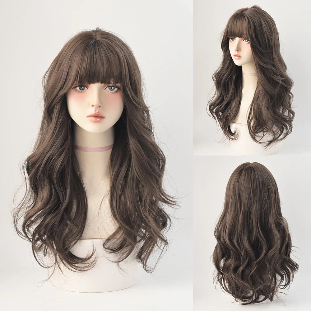 Dense Long Wave Wig Women Wig with Bangs Blonde Cospaly Lolita Daily Party Synthetic Wigs Heat Resistant Fiber Natural Fake Hair