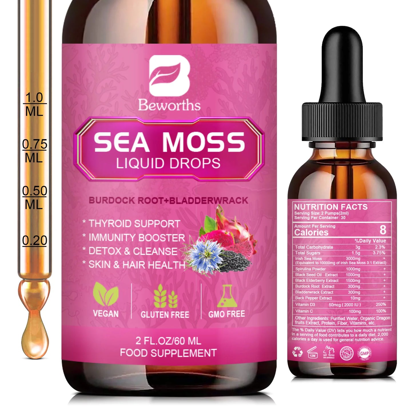 BEWORTHS 3000MG Seamoss Liquid Drop Organic Black Seed Oil & Burdock Root Bladder Enhance Immunity, Hair,Skin & Digestion Health