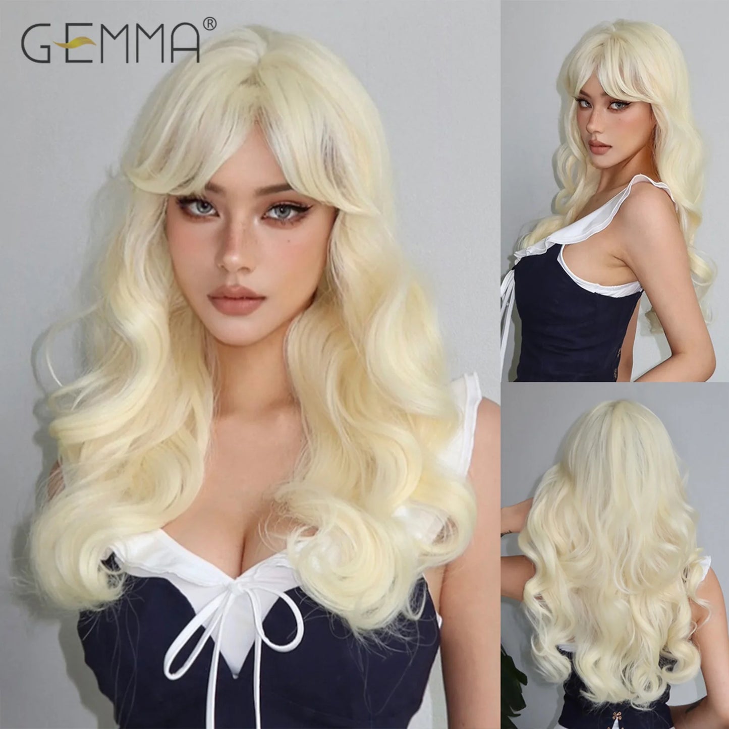 Long Wavy Light Ash Blonde Synthetic Wigs with Bangs for Women Natural Wave Cosplay Party Daily Use Hair Wigs Heat Resistant