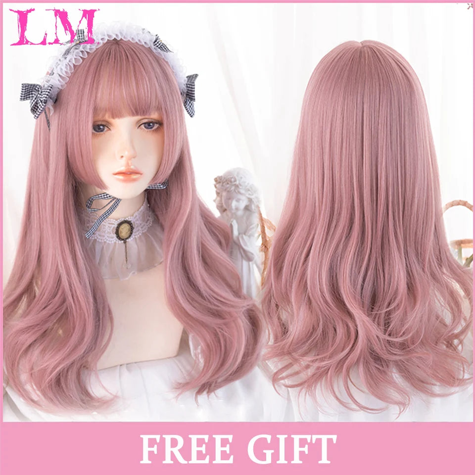 LM Cosplay Wig With Bangs Synthetic Straight Hair 24 Inch Long Heat-Resistant Pink Wig For Women