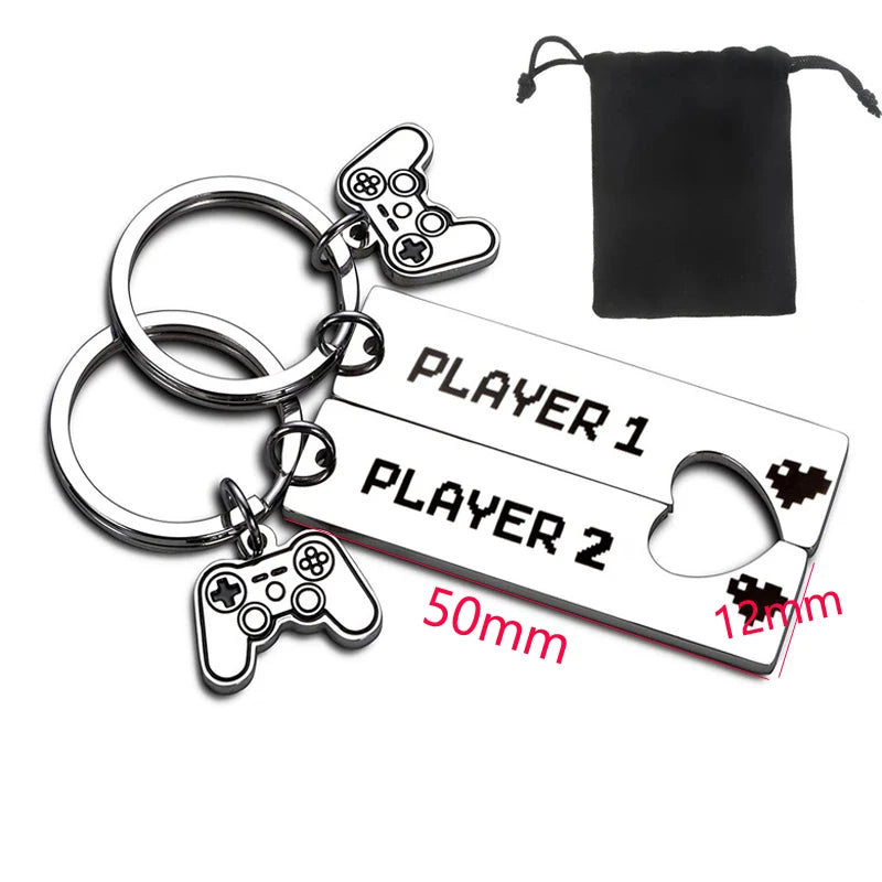 Cute Gamer Couple Key Chain for Him and Her, Valentine's Day Gifts for Boyfriend Girlfriend, Player 1 Player 2 Matching Keychain