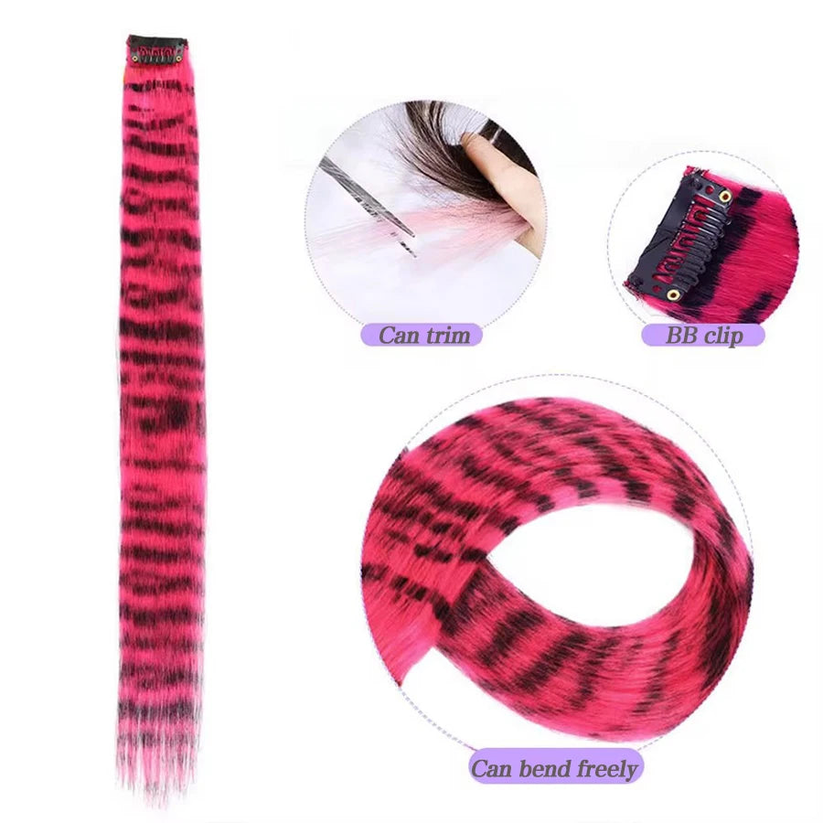 1PCS Y2K Colorful Hair Extensions Leopard print long Straight One-piece Clip-In Synthetic Hairpieces cosplay Hair accessorties