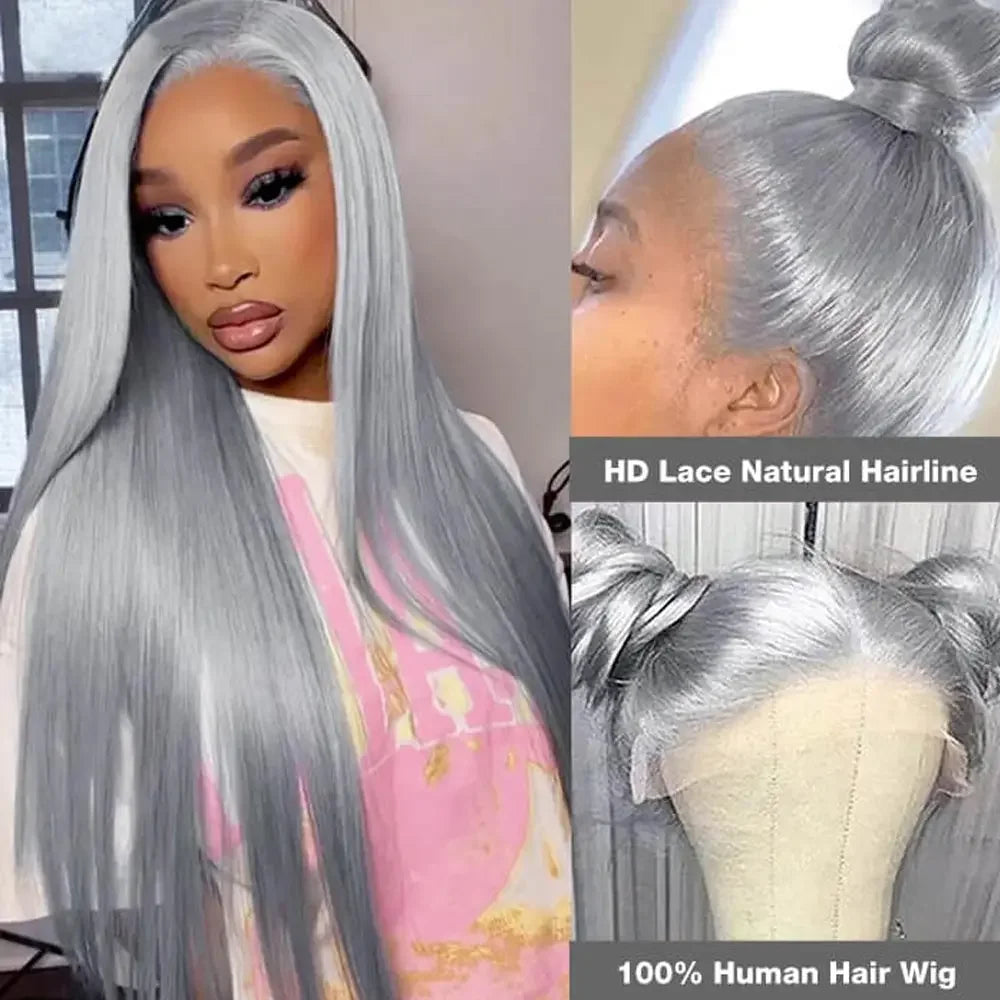 13x4 Straight Lace Frontal Wigs Human Hair Wig Silver Grey Colored Peruvian Straight Lace Front Human Hair Wigs For Women