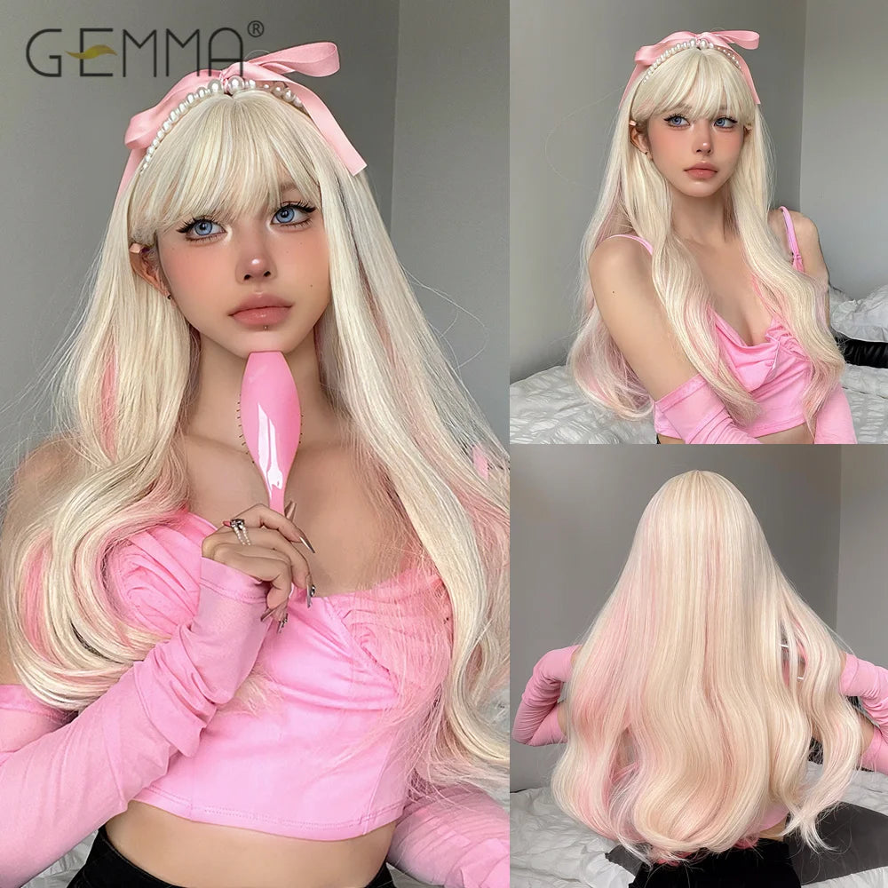 Long Wavy Light Ash Blonde Synthetic Wigs with Bangs for Women Natural Wave Cosplay Party Daily Use Hair Wigs Heat Resistant