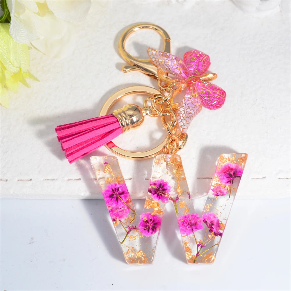 Exquisite Pink Dry Flower Resin 26 Initial Keychain Butterfly Tassel Pendant A to Z Keyring for Women Valentine's Day Gift