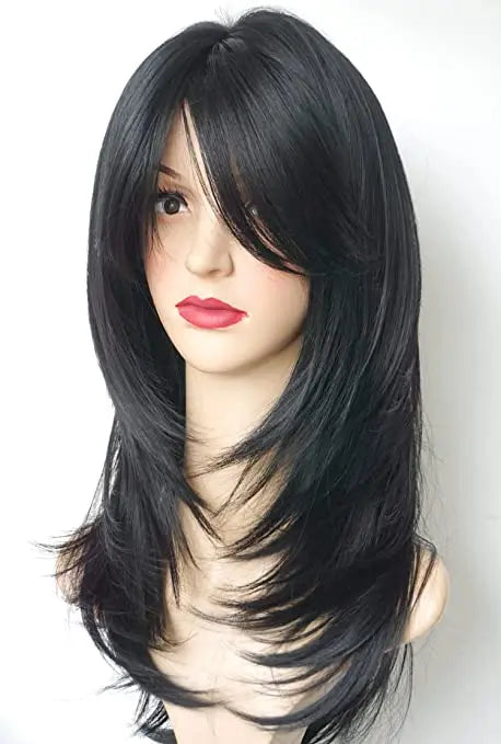 QQXCAIW Natural Long Wavy Wig For African American Women Cosplay Black Heat Resistant Synthetic Hair Daily Wigs