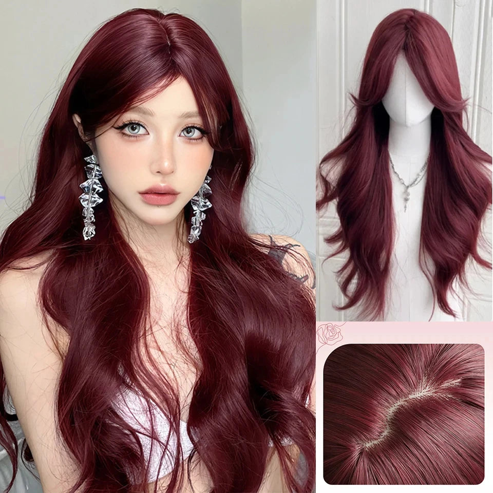 LM Long Body Wave Black And Gray Ombre Cosplay Wigs Heat Resistant Synthetic Wigs Bangs Natural Lolita Wigs For Women Halloween