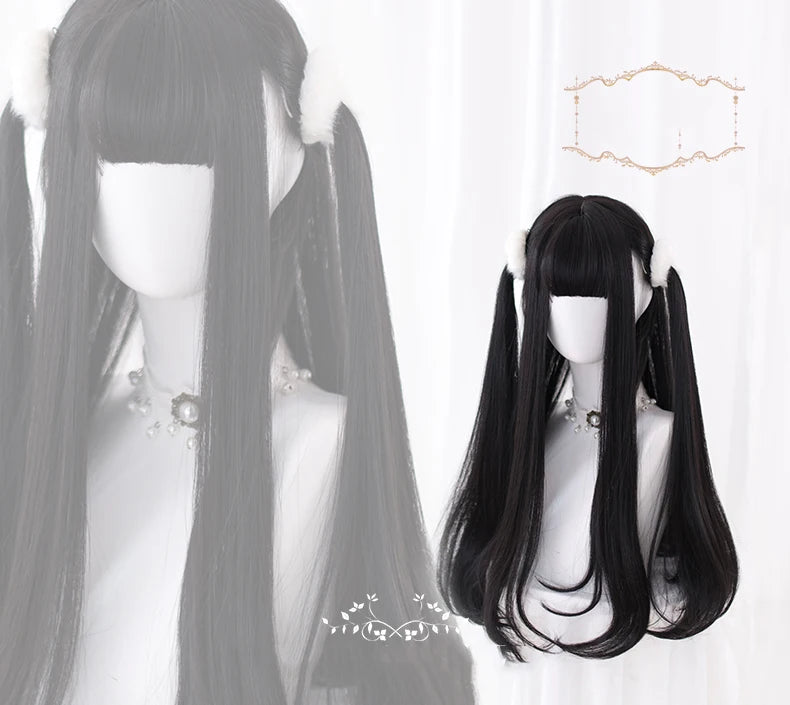 AS Long Straight Black Synthetic Wig For Woman With Bangs black Cosplay Lolita Wigs Heat Resistant Natural Hair