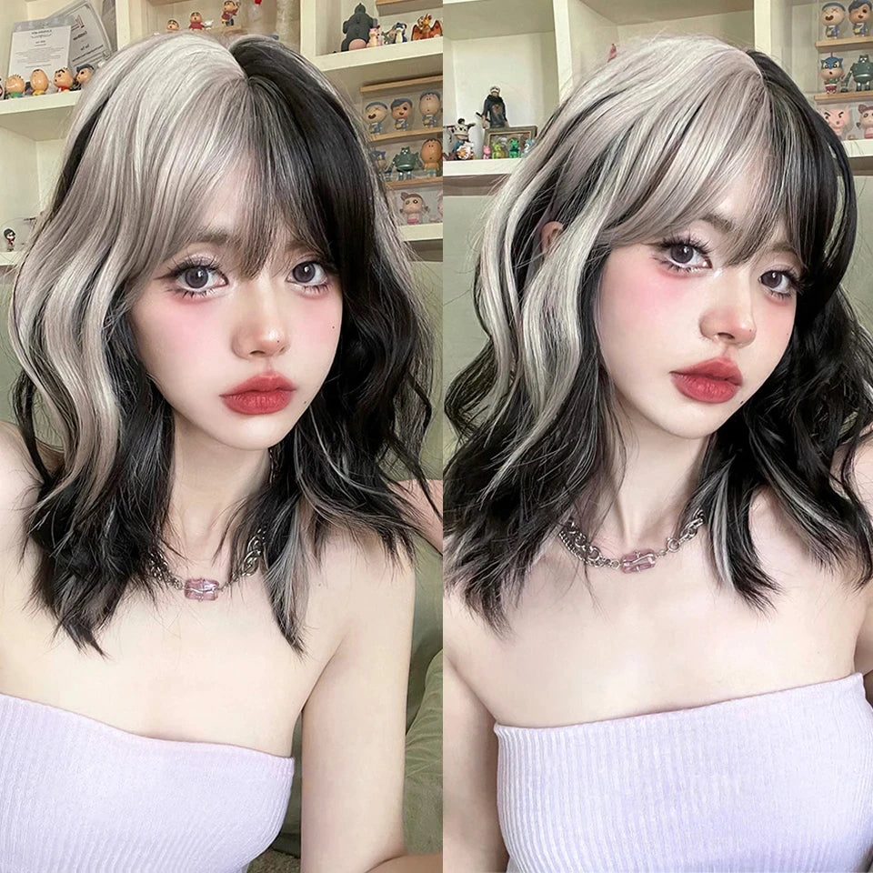 LM Long Body Wave Black And Gray Ombre Cosplay Wigs Heat Resistant Synthetic Wigs Bangs Natural Lolita Wigs For Women Halloween