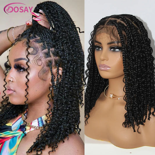 Short 12 Inch Bohemian Curly Braided Full Lace Front Wigs Knotless Box Braid Bob Wig Women Synthetic Locs Goddess Cornrow Braids