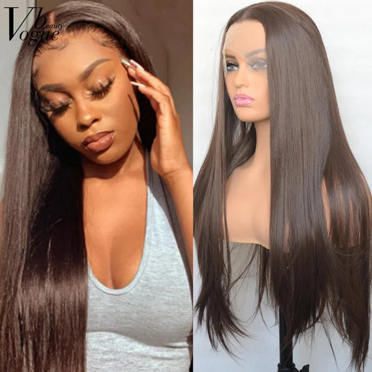 Voguebeauty Dark Brown Lace Front Wig 6# Silky Straight Synthetic Hair Natural Hairline for Women Cosplay Daily Wear