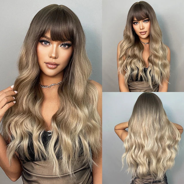 Long Wavy Light Ash Blonde Synthetic Wigs with Bangs for Women Natural Wave Cosplay Party Daily Use Hair Wigs Heat Resistant