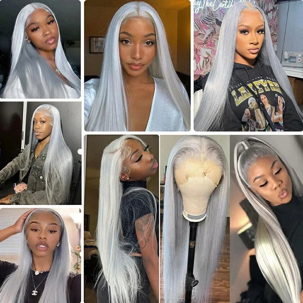 13x4 Straight Lace Frontal Wigs Human Hair Wig Silver Grey Colored Peruvian Straight Lace Front Human Hair Wigs For Women