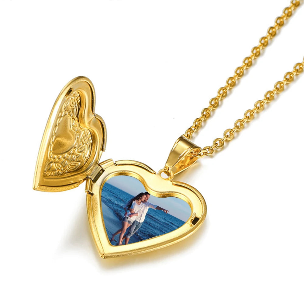 Heart Locket Pendants Necklaces For Women Gold Color Photo Frame Valentine Lovers Necklace 45/66cm Gift Jewelry