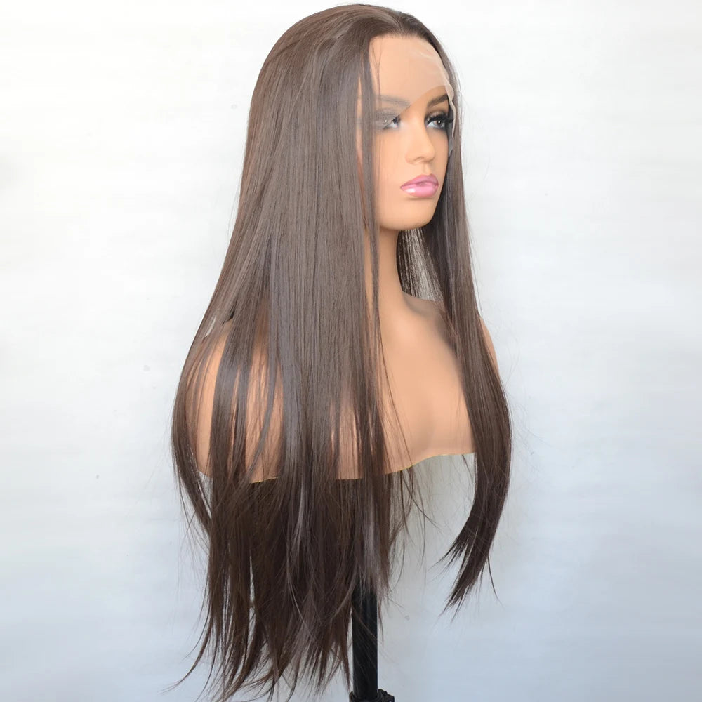 Voguebeauty Dark Brown Lace Front Wig 6# Silky Straight Synthetic Hair Natural Hairline for Women Cosplay Daily Wear