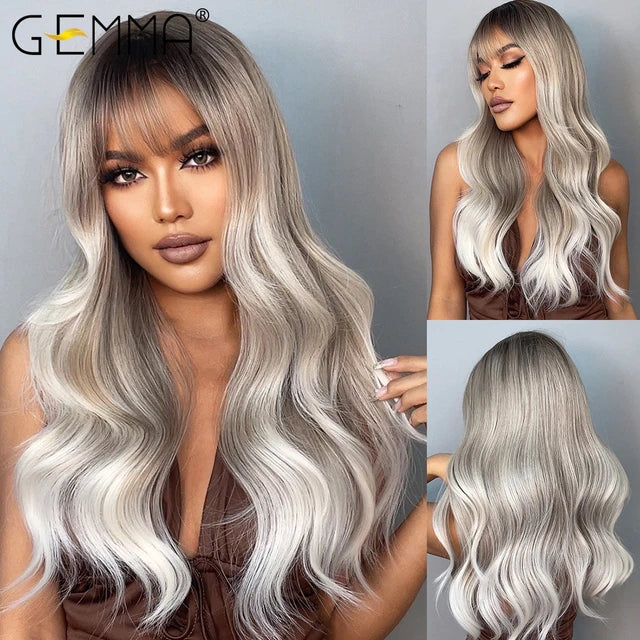 Long Wavy Light Ash Blonde Synthetic Wigs with Bangs for Women Natural Wave Cosplay Party Daily Use Hair Wigs Heat Resistant