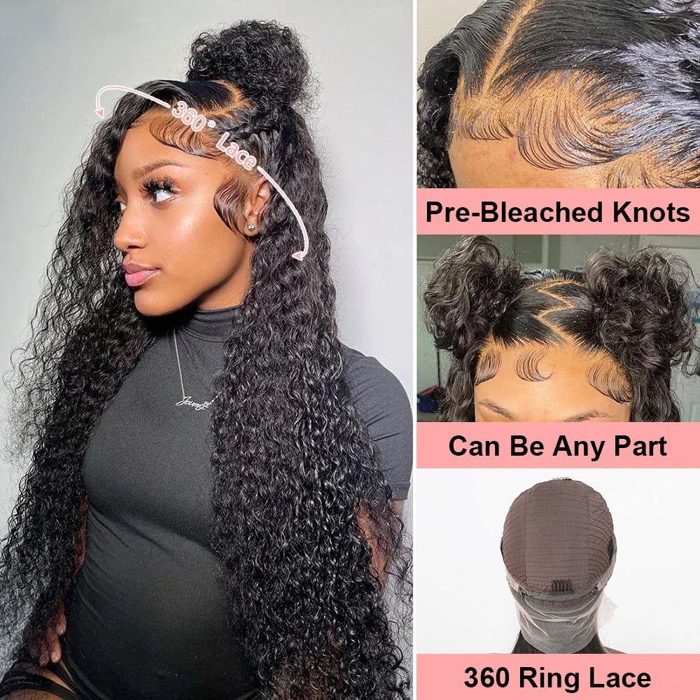 Curly 360 Lace Front Human Hair Wigs 250 Density Brazilian Deep Wave 40 Inch 13x6 HD Lace Frontal Wig 100% Human Hair Preplucked