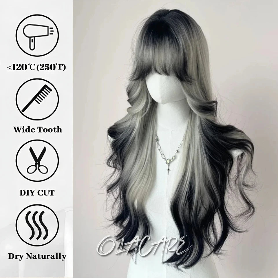 LM Long Body Wave Black And Gray Ombre Cosplay Wigs Heat Resistant Synthetic Wigs Bangs Natural Lolita Wigs For Women Halloween