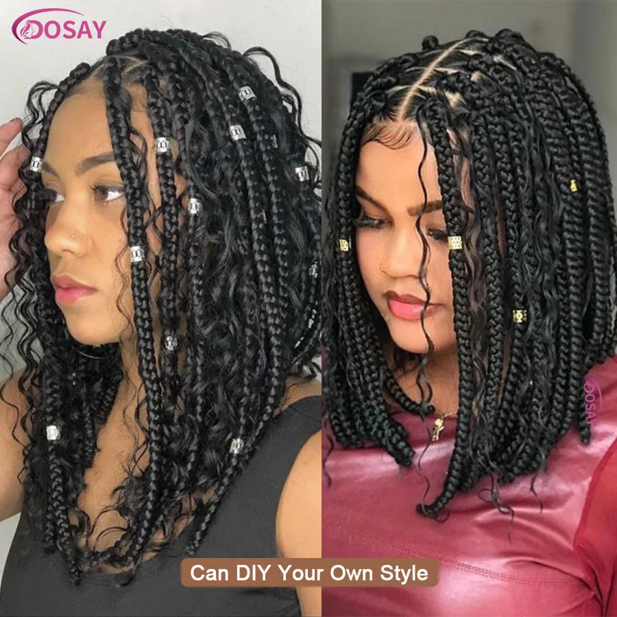 Short 12 Inch Bohemian Curly Braided Full Lace Front Wigs Knotless Box Braid Bob Wig Women Synthetic Locs Goddess Cornrow Braids